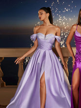 New Romantic Purple Off-Shoulder Short Sleeve Slit Long Dress, Bridesmaid Dress, Natural Country Wedding